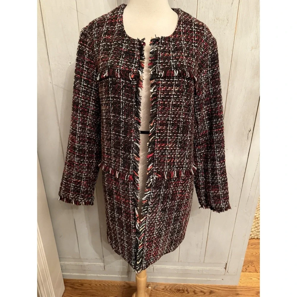 Rafaella Blazer Fringe Tweed‎ Longer Patterned Red Blazer/Jacket Business Sz-XL